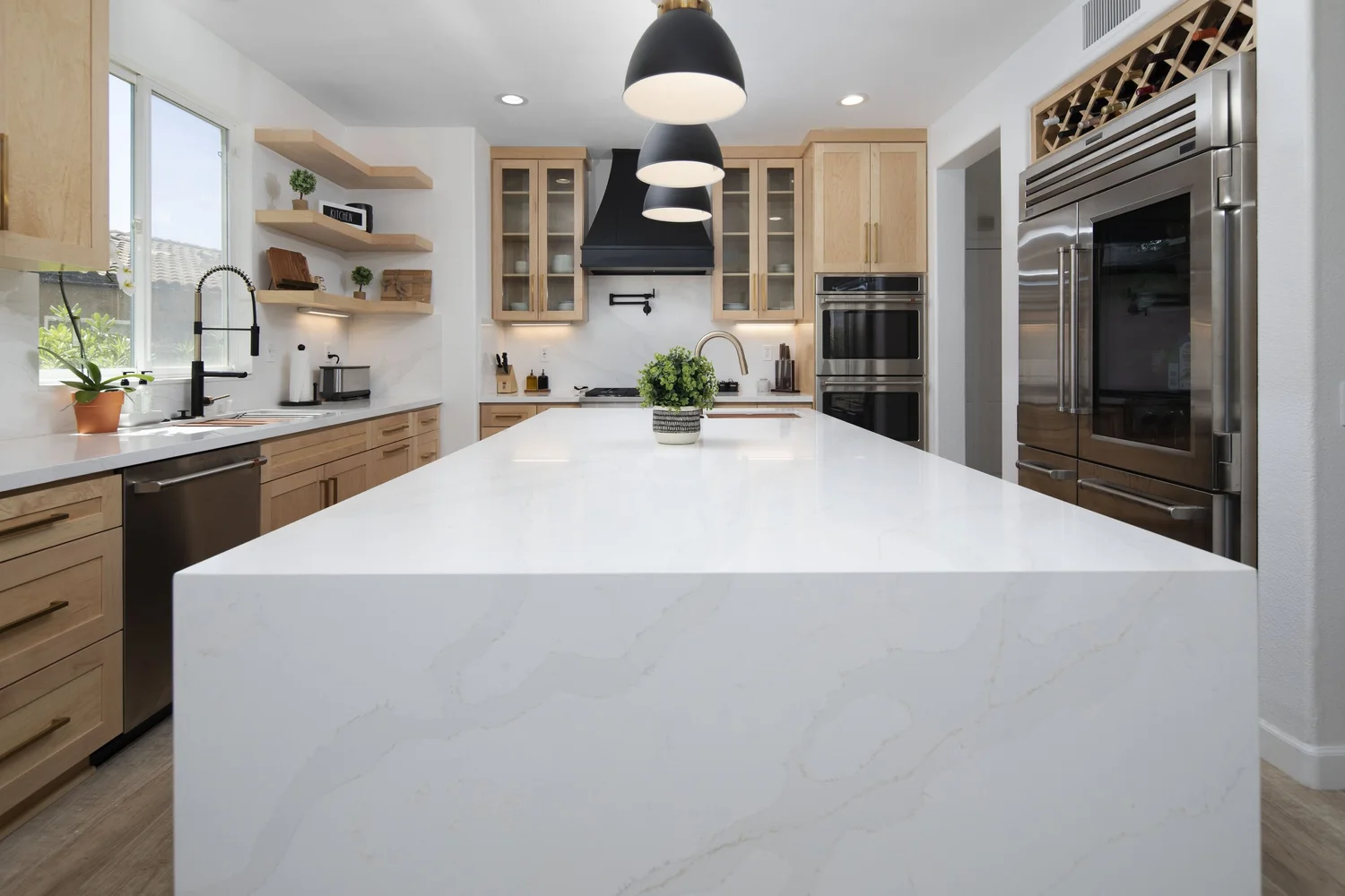 San Diego kitchen with marble waterfall island